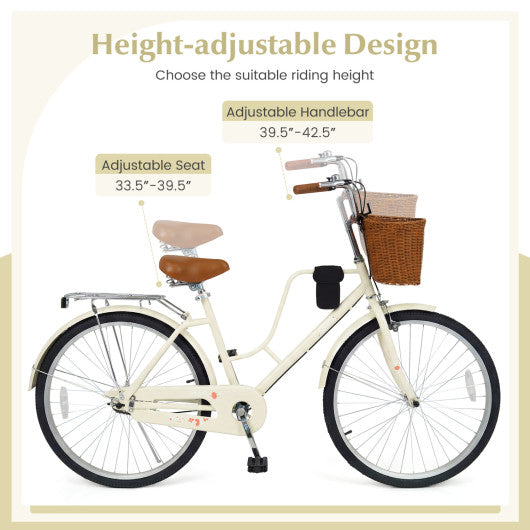 26-Inch Beach Cruiser Bike with Cup Holder and Woven Basket - Beige