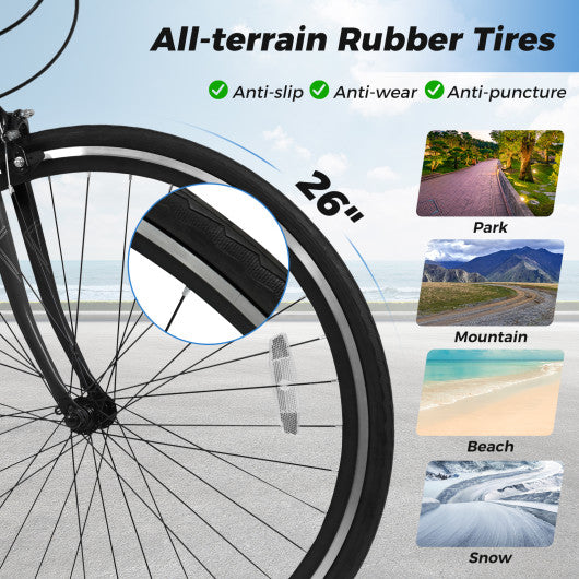 26 Inch Mountain Bike Adjustable with 6-Speed and All-terrain Rubber Wheels-Black