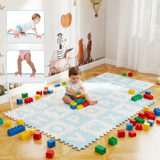 26 Pieces Interlocking ABC Play Mats with Detachable Letters-Blue