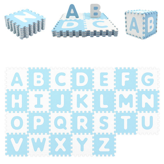 26 Pieces Interlocking ABC Play Mats with Detachable Letters-Blue
