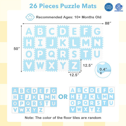 26 Pieces Interlocking ABC Play Mats with Detachable Letters-Blue