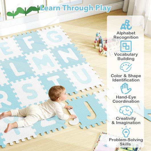 26 Pieces Interlocking ABC Play Mats with Detachable Letters-Blue