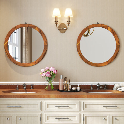 27 Inch Round Wall Mirror with Solid Acacia Wood Frame-Brown