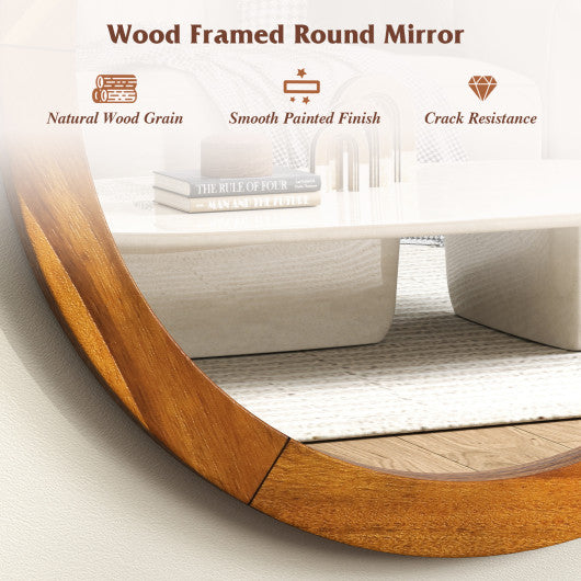 27 Inch Round Wall Mirror with Solid Acacia Wood Frame-Brown