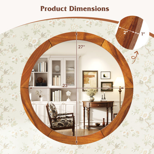 27 Inch Round Wall Mirror with Solid Acacia Wood Frame-Brown