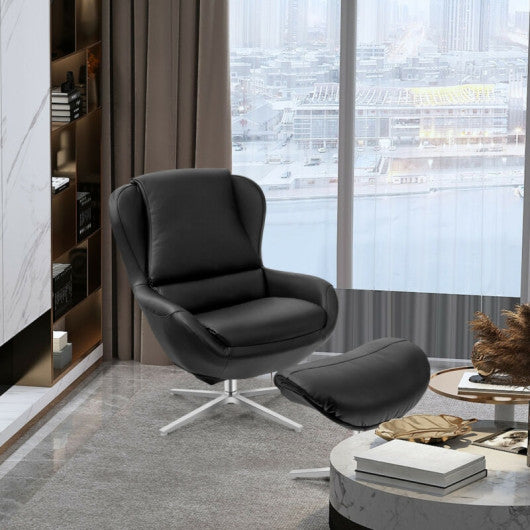 360¡ã Swivel Leather Lounge Chair with Ottoman and Aluminum Alloy Base-Black