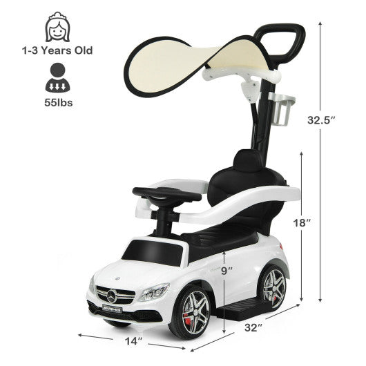 3-in-1 Ride on Push Car Mercedes-Benz Licensed Sliding Car with Canopy-White