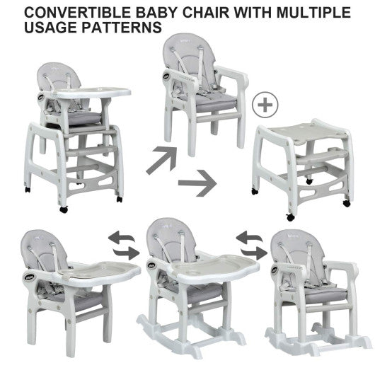 3-in-1 Baby High Chair with Lockable Universal Wheels-Gray