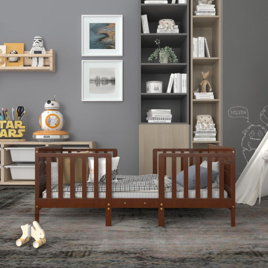 2-in-1 Convertible Kids Wooden Bedroom Furniture with Guardrails-Brown