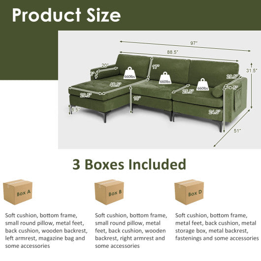 Modular 2-seat/3-Seat/4-Seat L-shaped Sectional Sofa Couch with Reversible Chaise and Socket USB Ports-3-Seat L-shaped