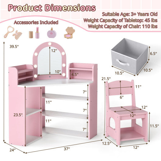 2-In-1 Kids Vanity Set with Lights for Toddlers 3+ Years Old-Pink