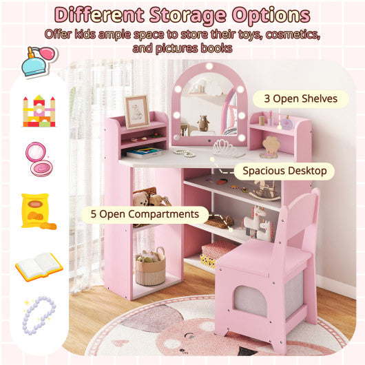2-In-1 Kids Vanity Set with Lights for Toddlers 3+ Years Old-Pink