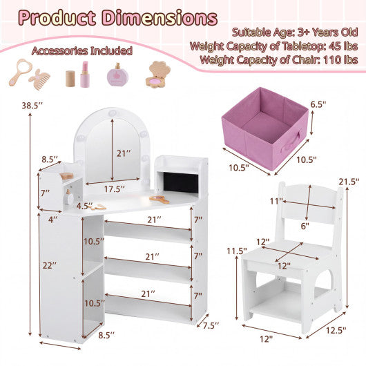 2-In-1 Kids Vanity Set with Lights and Ring Slots for Toddlers 3+ Years Old-White
