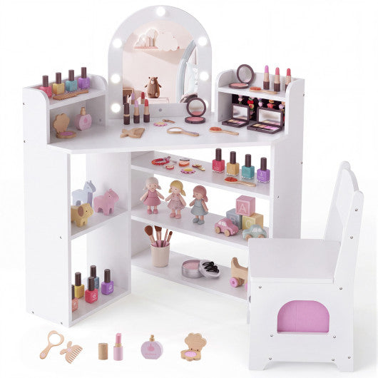 2-In-1 Kids Vanity Set with Lights and Ring Slots for Toddlers 3+ Years Old-White