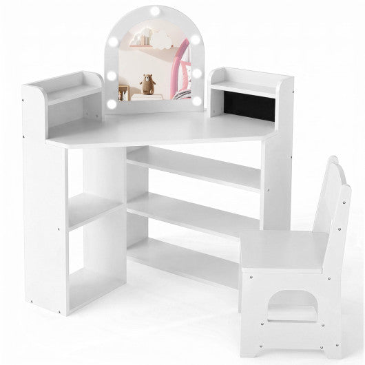 2-In-1 Kids Vanity Set with Lights and Ring Slots for Toddlers 3+ Years Old-White