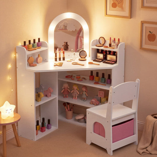 2-In-1 Kids Vanity Set with Lights and Ring Slots for Toddlers 3+ Years Old-White