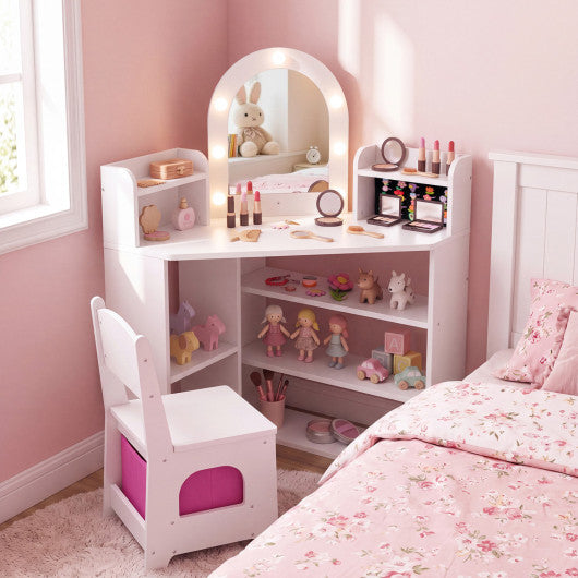 2-In-1 Kids Vanity Set with Lights and Ring Slots for Toddlers 3+ Years Old-White