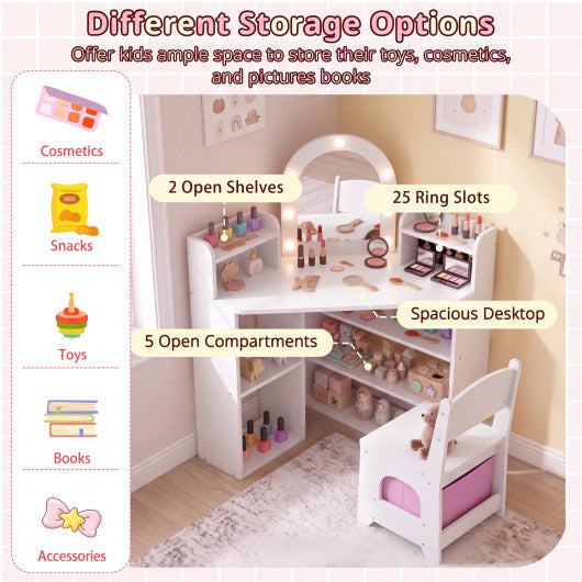 2-In-1 Kids Vanity Set with Lights and Ring Slots for Toddlers 3+ Years Old-White
