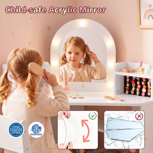 2-In-1 Kids Vanity Set with Lights and Ring Slots for Toddlers 3+ Years Old-White