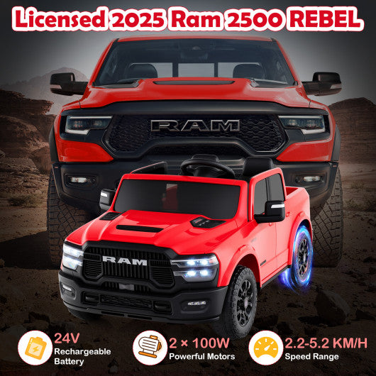 2 Seater 24V Ride on Toy for Big Kids Licensed Ram Truck with Remote and Music-Red