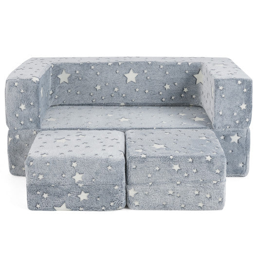 2 Seater Kids Play Couch with Removable and Machine Washable Flannel Cover-Gray