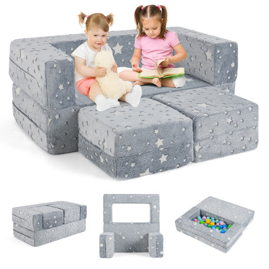 2 Seater Kids Play Couch with Removable and Machine Washable Flannel Cover-Gray