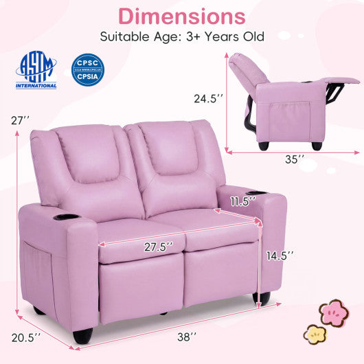 2-Seater Kids Recliner Double Toddler Sofa Chair with 2 Cup Holders-Pink