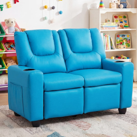 2-Seater Kids Recliner Double Toddler Sofa Chair with 2 Cup Holders-Blue