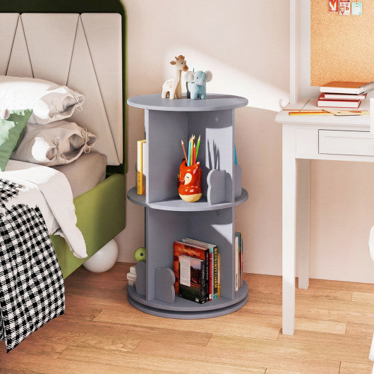 2 Tier Freestanding Kids Rotating Bookshelf Storage Rack with Bear Baffles-Gray