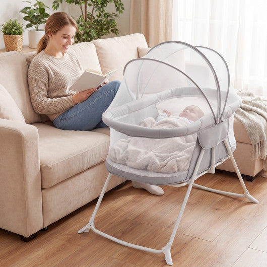 2 in 1 Baby Bassinet with Rocking Motion Foldable Bedside Sleeper with Breathable Mesh-Grey