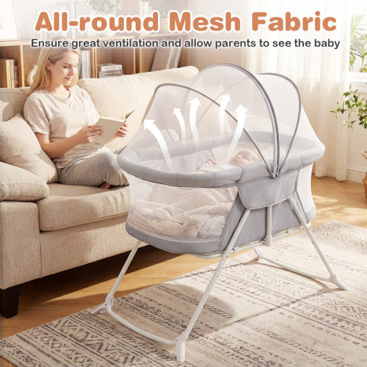 2 in 1 Baby Bassinet with Rocking Motion Foldable Bedside Sleeper with Breathable Mesh-Grey
