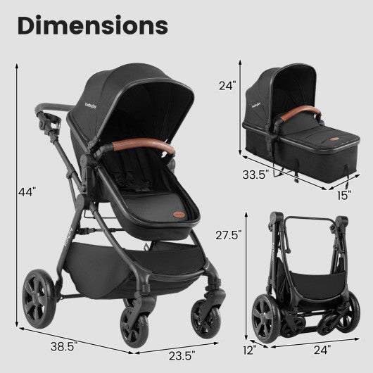 2-in-1 Convertible Baby Stroller with Car Seat Adapters-Black