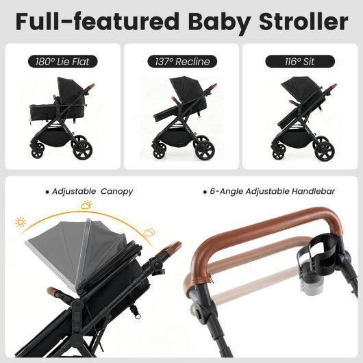 2-in-1 Convertible Baby Stroller with Car Seat Adapters-Black