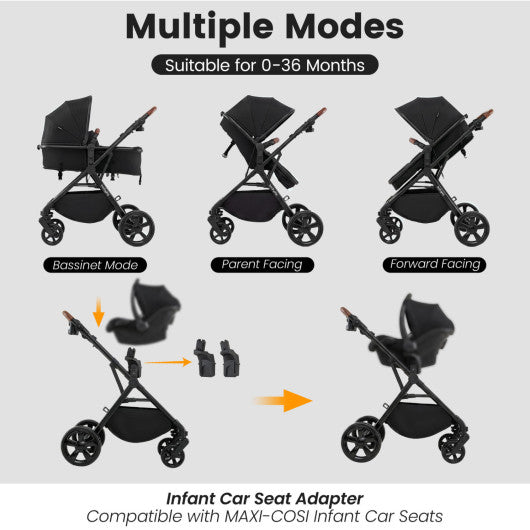 2-in-1 Convertible Baby Stroller with Car Seat Adapters-Black