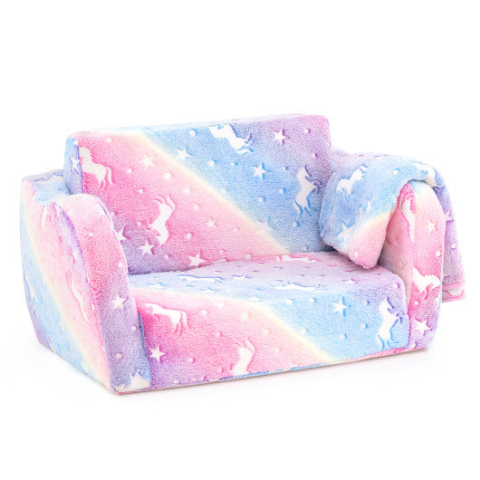 2-in-1 Folding Kids Couch with Blanket Glow in the Dark-Multicolor