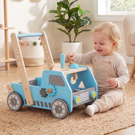 2-in-1 Wooden Baby Walker with Adjustable Speed and Bottom Storage-Blue