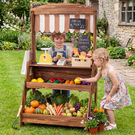 2-in-1 Wooden Mud Kitchen and Market Stand for Kids Outdoor with Planter Box and 2 Chalkboards-Brown
