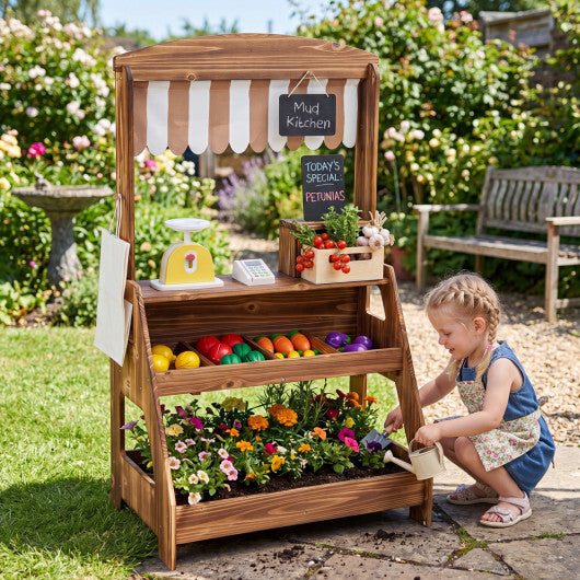 2-in-1 Wooden Mud Kitchen and Market Stand for Kids Outdoor with Planter Box and 2 Chalkboards-Brown