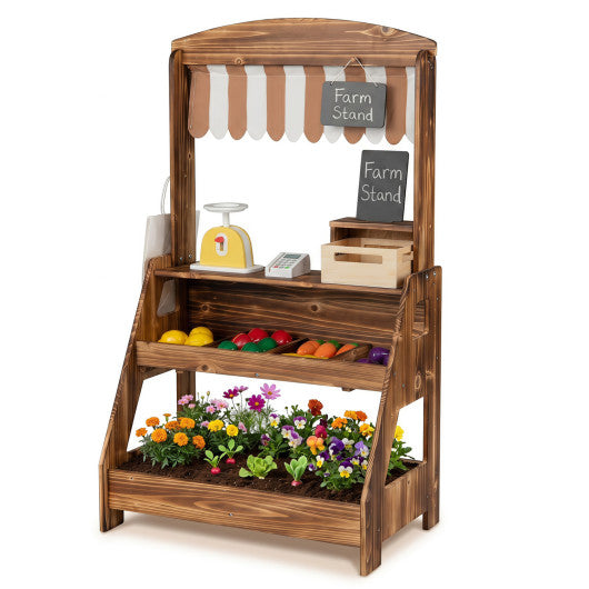 2-in-1 Wooden Mud Kitchen and Market Stand for Kids Outdoor with Planter Box and 2 Chalkboards-Brown