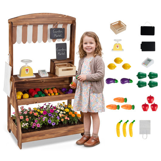 2-in-1 Wooden Mud Kitchen and Market Stand for Kids Outdoor with Planter Box and 2 Chalkboards-Brown
