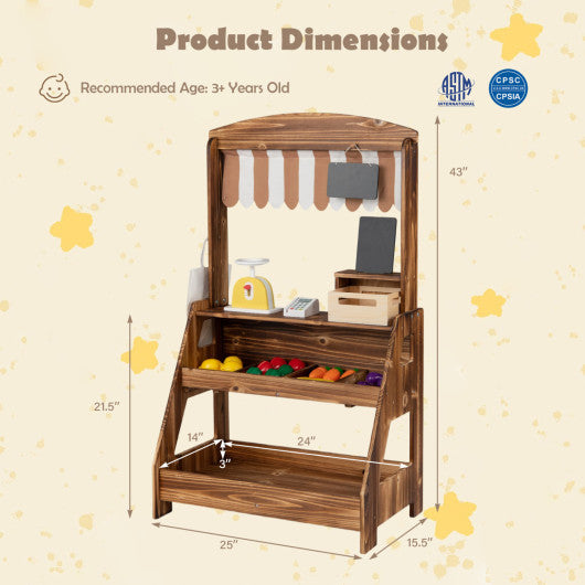 2-in-1 Wooden Mud Kitchen and Market Stand for Kids Outdoor with Planter Box and 2 Chalkboards-Brown