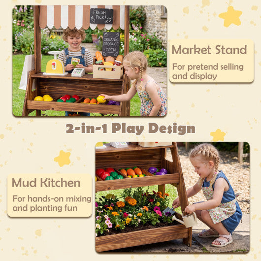 2-in-1 Wooden Mud Kitchen and Market Stand for Kids Outdoor with Planter Box and 2 Chalkboards-Brown