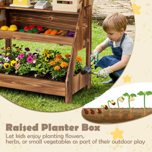 2-in-1 Wooden Mud Kitchen and Market Stand for Kids Outdoor with Planter Box and 2 Chalkboards-Brown