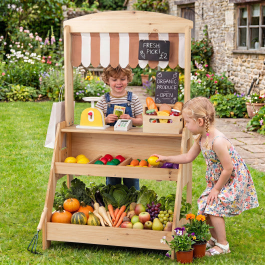 2-in-1 Wooden Mud Kitchen and Market Stand for Kids Outdoor with Planter Box and 2 Chalkboards-Natrual
