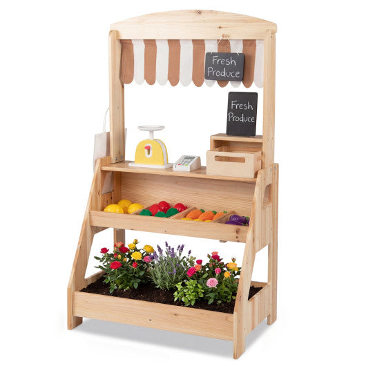 2-in-1 Wooden Mud Kitchen and Market Stand for Kids Outdoor with Planter Box and 2 Chalkboards-Natrual