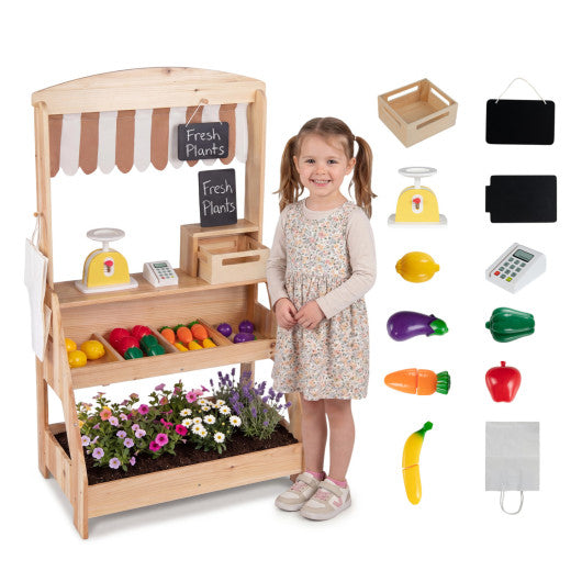 2-in-1 Wooden Mud Kitchen and Market Stand for Kids Outdoor with Planter Box and 2 Chalkboards-Natrual