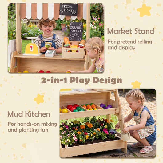 2-in-1 Wooden Mud Kitchen and Market Stand for Kids Outdoor with Planter Box and 2 Chalkboards-Natrual