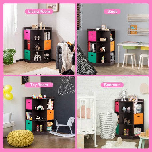 3-Tier Kids Storage Shelf Corner Cabinet with 3 Baskets-Brown