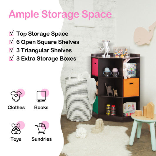 3-Tier Kids Storage Shelf Corner Cabinet with 3 Baskets-Brown