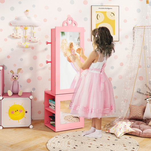 3-in-1 Freestanding Kids Jewelry Cabinet Armoire with Full Length Mirror-Pink